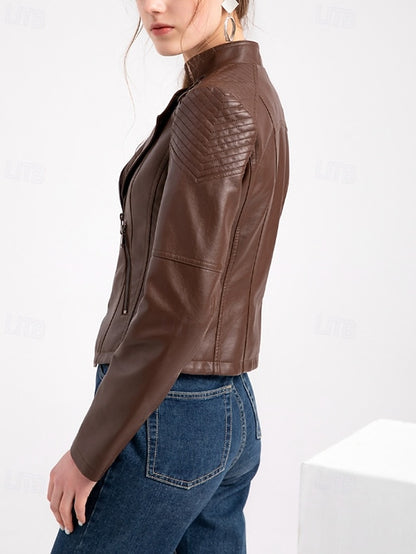 Pocket Leather Jacket Comfortable Faux Zipper Women's