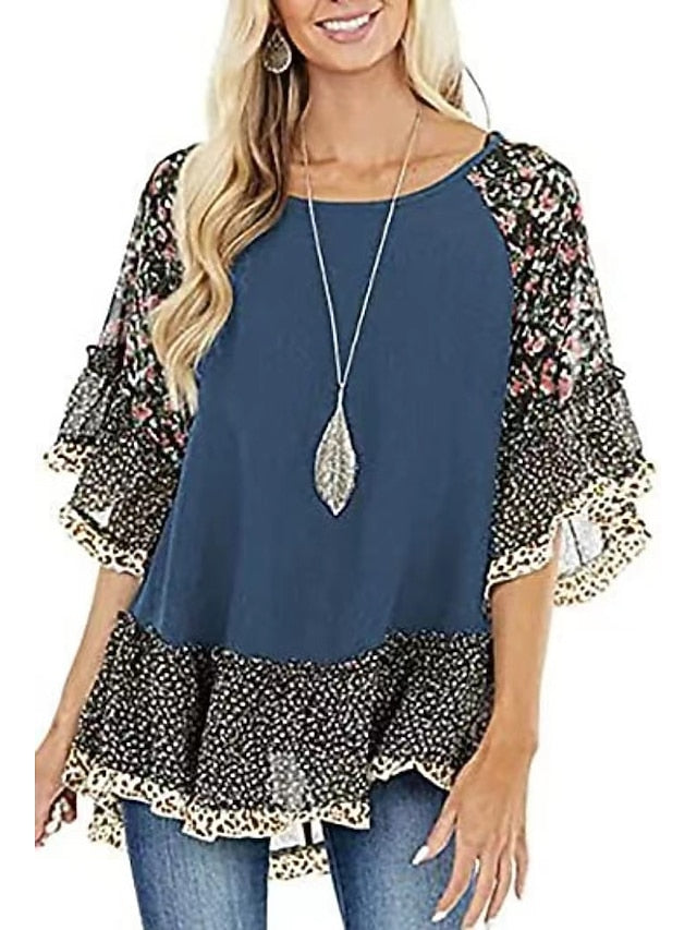 Women's Shirt Boho Shirt Tunic Blouse Ruffle Print Flowing