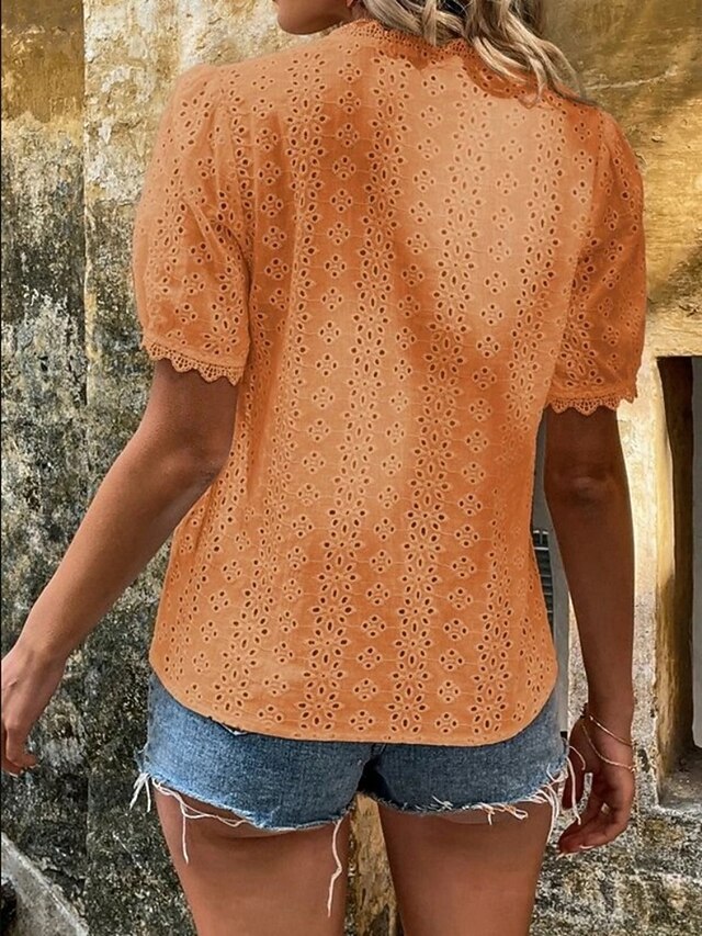 Women's Lace Splicing Top Blouse Lace Buttons Solid Color