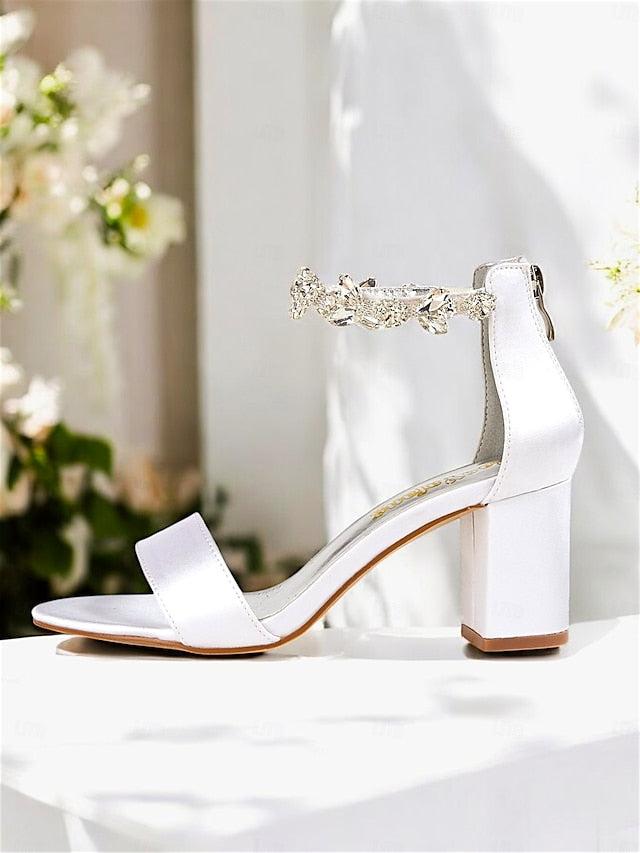 Sandals Heel Block Bridal Satin Ankle with Floral Strap White