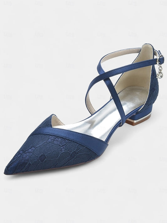 Satin Navy Shoes Overlay with for Low Lace Heel Blue Cross-Strap