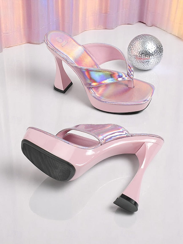Pink Heels Chunky Block with Women's Iridescent Open-Toe