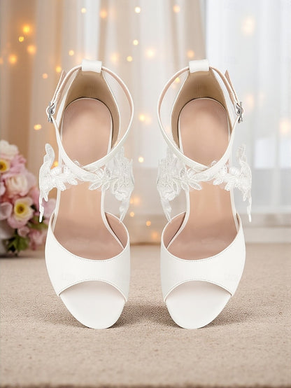 White Women's Lace Strap Block with - Ankle Heel Sandals