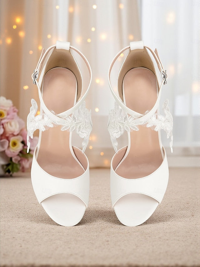 Block Ankle Lace - Strap Heel with White Sandals Women's