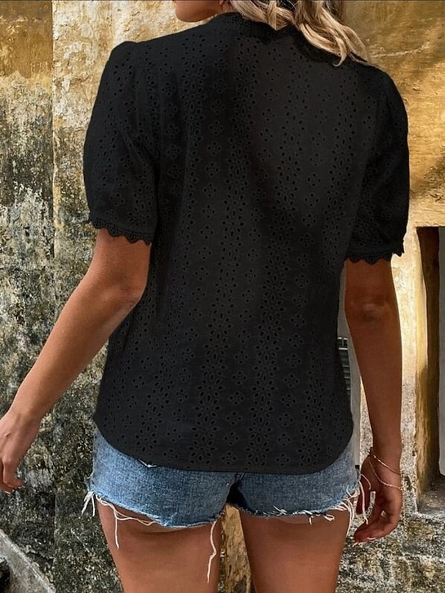 Women's Lace Splicing Top Blouse Lace Buttons Solid Color