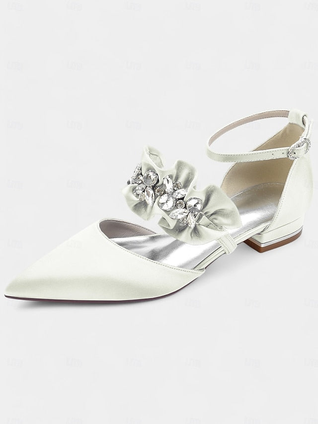 with Rhinestone Flats Women's Satin Black Pointed-Toe