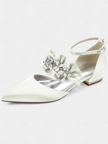 with Rhinestone Flats Women's Satin Black Pointed-Toe