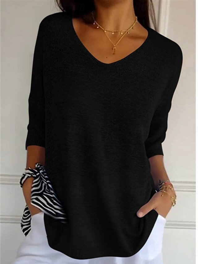 Women's Blouse Solid Color Basic Casual 3/4 Length Sleeve V