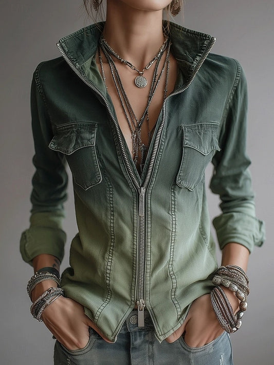 Women's Shirt Casual Shirt Blouse Zipper Pocket Ombre