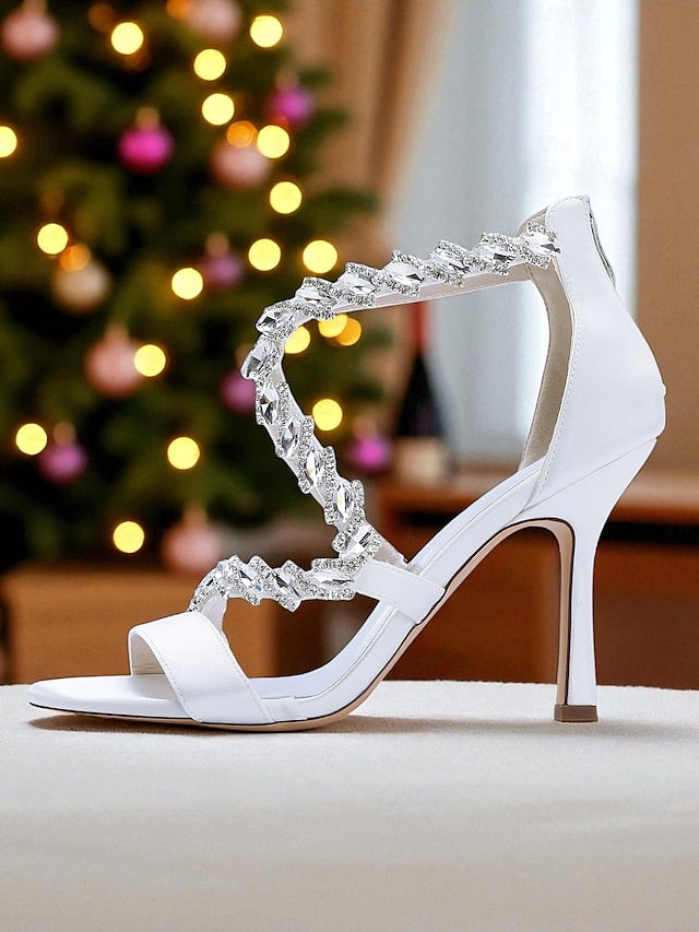 - High White Strappy Rhinestone Women's Sandals Heel
