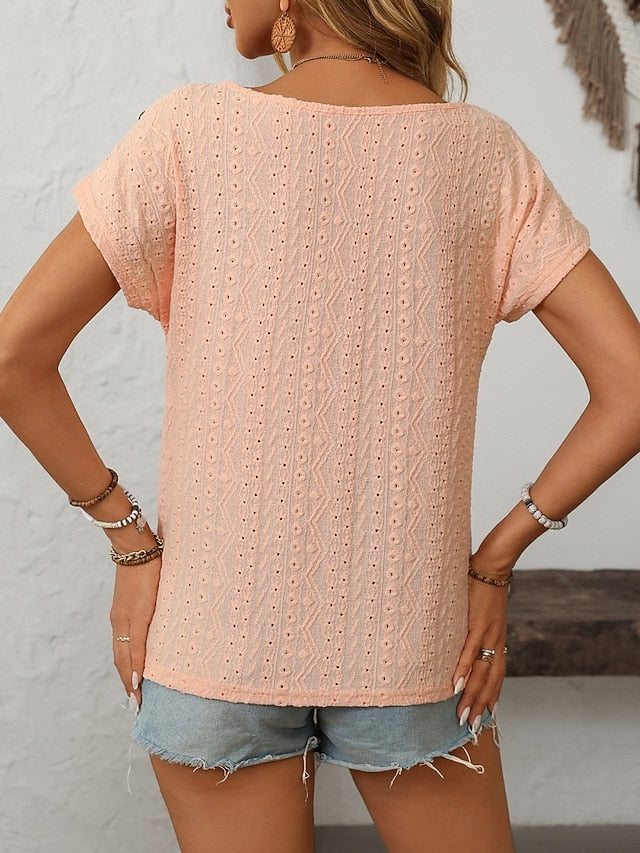 Women's Texture Blouse Eyelet Top Pointelle Tee T Shirt
