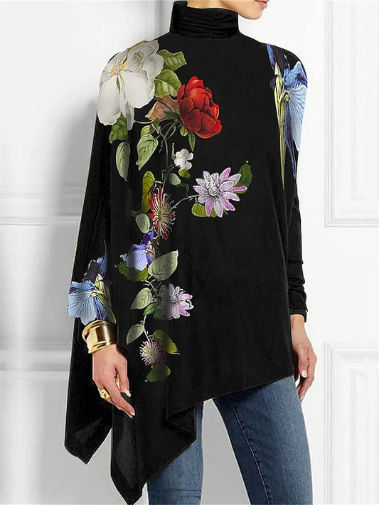 Women's T Shirt Floral Fashion Long Sleeve High Neck Long