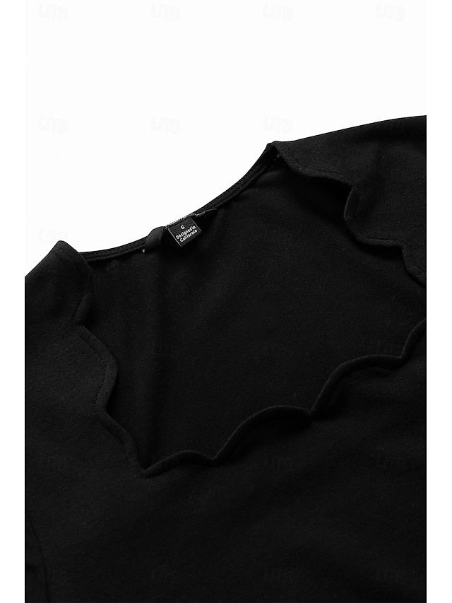 Women's Scalloped Neckline T-shirt Short Sleeve Solid Color