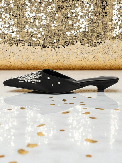 with Pointed Women's Satin Toe Rhinestone Black Mules