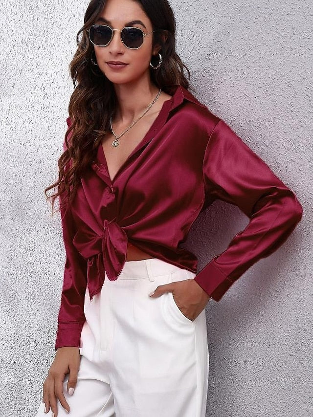 Women's Shirt Elegant Dressy Satin Top Buttons Solid Color