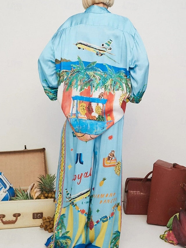 Women's Shirt Blouse Wide Leg Pants Long Sleeve Shirt