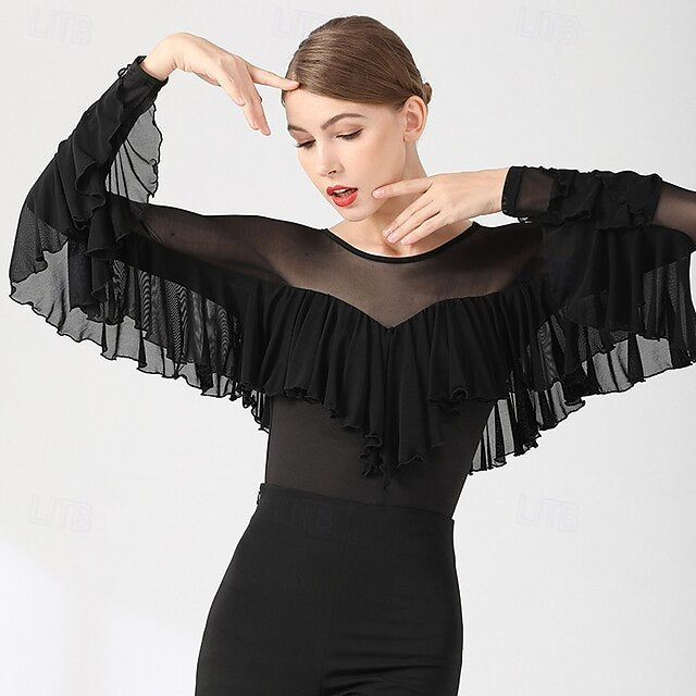 Women's Ballroom Dance Top Sheer Mesh Ruffle Batwing Sleeve