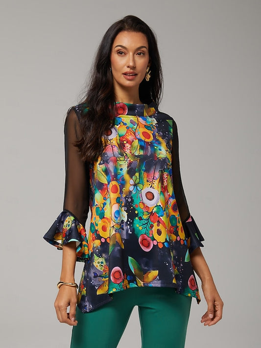 Women's Blouse Black Floral Print Stretch Chiffon Sleeves