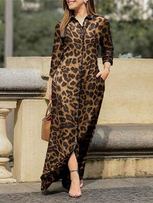 Women's Floral Shirt Collar Maxi Dress Long Sleeve Summer