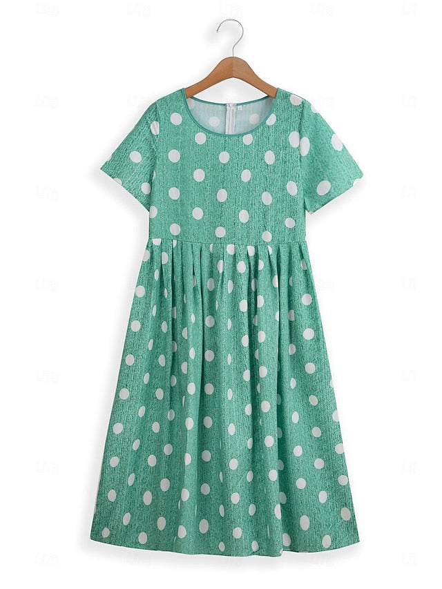 Women's Midi Dress Floral Polka Dot Pocket Print Crew Neck