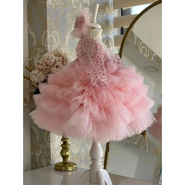 Girls' Long Kids Performance Party Sleeve Dress Sequin