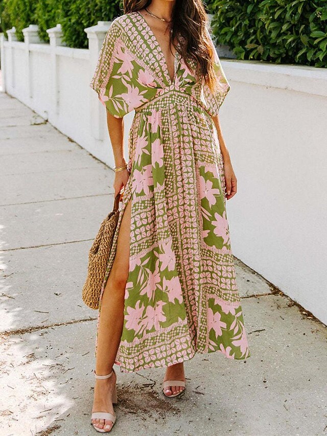 Women's Casual Dress Floral Split Print V Neck Long Dress