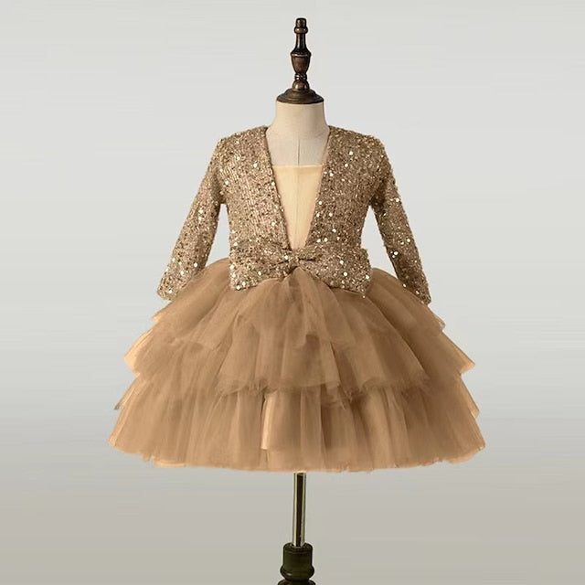 Performance Dress Girls' Party Kids Long Sequin Sleeve