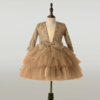 Performance Dress Girls' Party Kids Long Sequin Sleeve