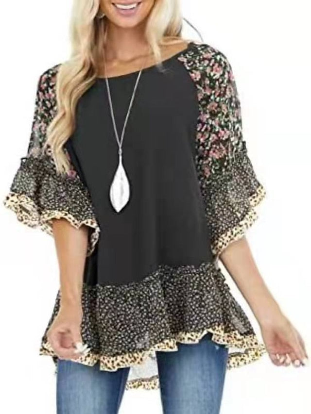 Women's Shirt Boho Shirt Tunic Blouse Ruffle Print Flowing