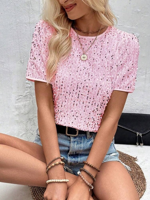 Women's Blouse Sequins Solid Color Stylish Casual Short