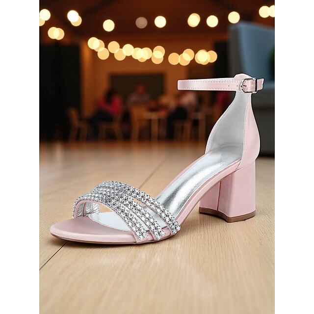 Purple Block with Sandals Rhinestone Heel Women's Satin