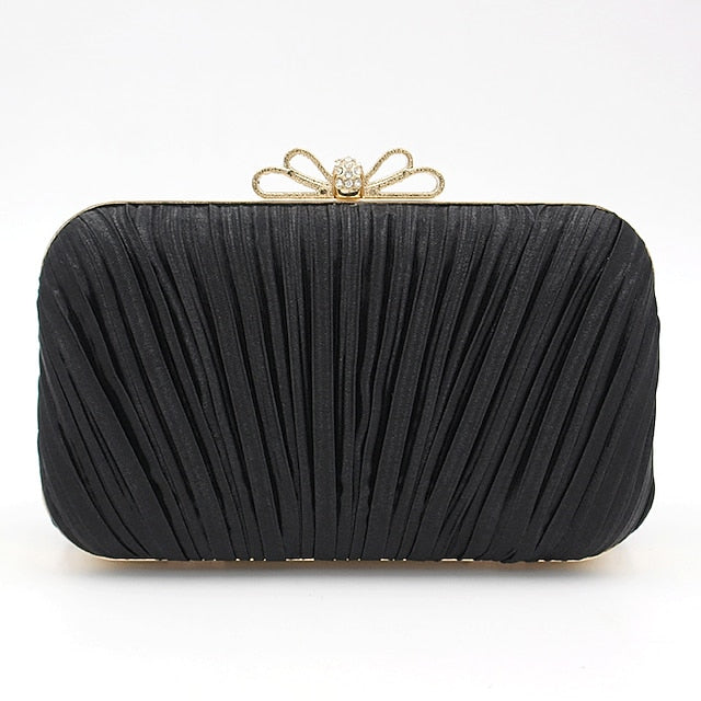 Bow Pleated Clutch Elegant Bag White Rhinestone Women's –