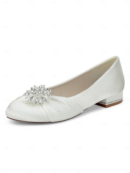 White Wedding Satin Flats – Elegant Crystal Women's
