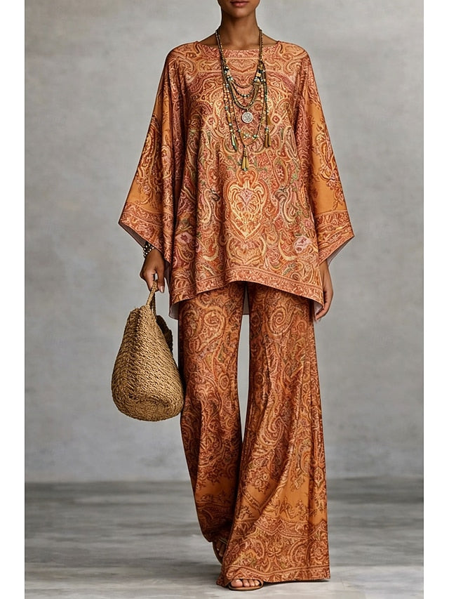 Women's Pants Sets Long Sleeve Round Neck Graphic Paisley