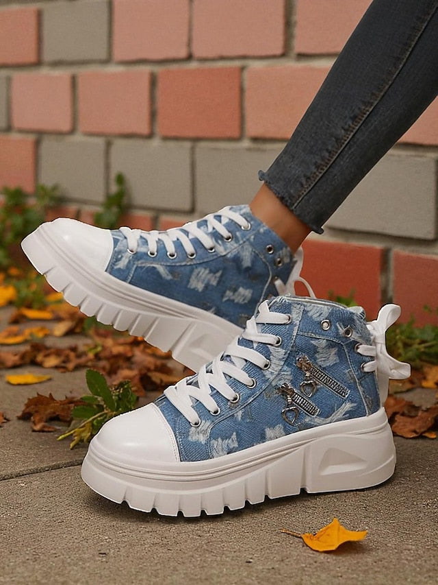 Women's Blue High Top Sneakers with Platform Sole and