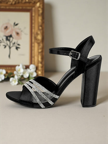 Toe Sandals Block Ankle Black Strap - Open Heel Women's