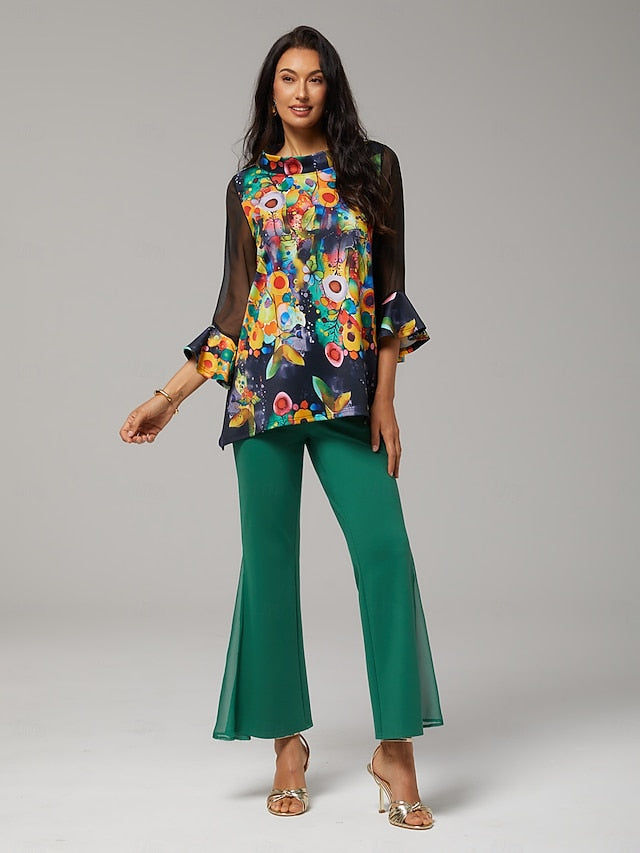Women's Blouse Black Floral Print Stretch Chiffon Sleeves