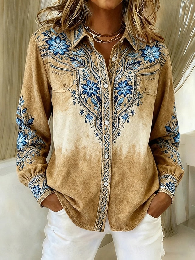 Women's Shirt Blouse Patchwork Buttons Print Graphic