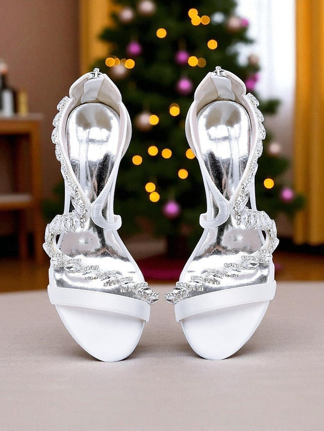 - High White Strappy Rhinestone Women's Sandals Heel