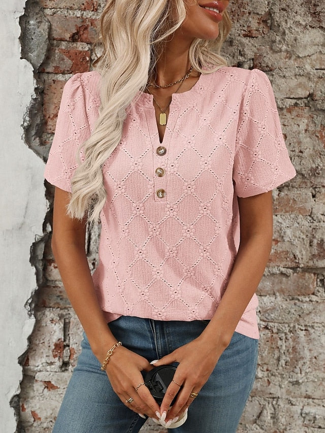 Women's T Shirt Tee Top Buttons Plain Fashion Stylish