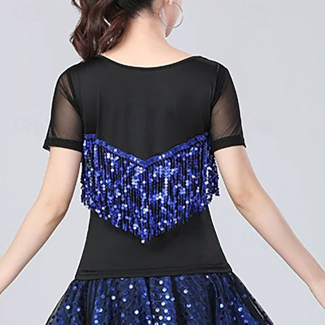 Latin Dance Top Tassel Pure Color Splicing Women's