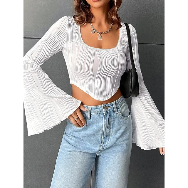 Women's Blouse Solid Color Stylish Casual Long Sleeve U