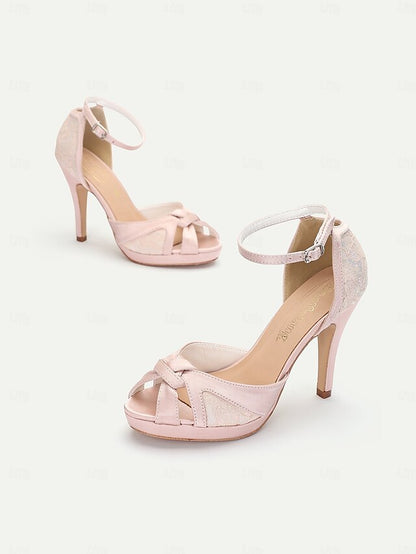 Women's Peep Pink Sandals Satin Elegant High with Heel Toe
