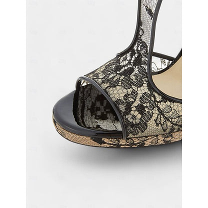 Heels Mesh Lace for Design Stiletto Peep-Toe with Black