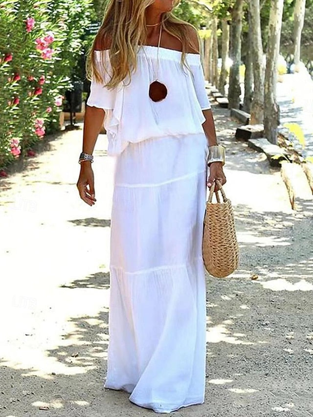 Women's Maxi Dress Faux Cotton Linen White Dress Casual