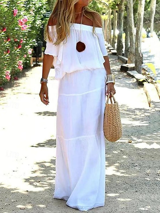 Women's Maxi Dress Faux Cotton Linen White Dress Casual