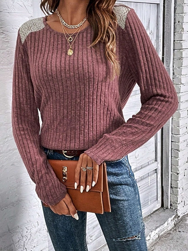 Women's Elegant Lace Tops Eyelet Blouse Casual Solid Color