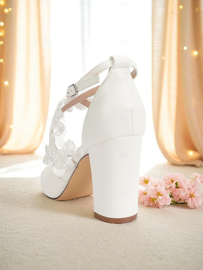 White Women's Lace Strap Block with - Ankle Heel Sandals