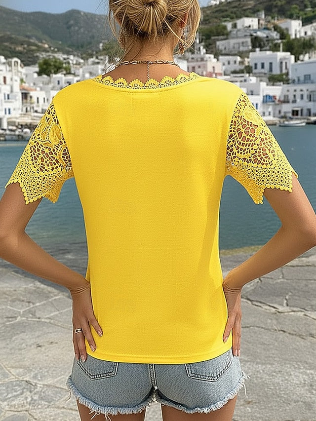 Women's T Shirt Lace T-shirt Tee Top Lace Plain Fashion