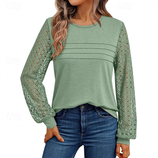 Color Tee Top Shirt Women's T Patchwork Eyelet Solid